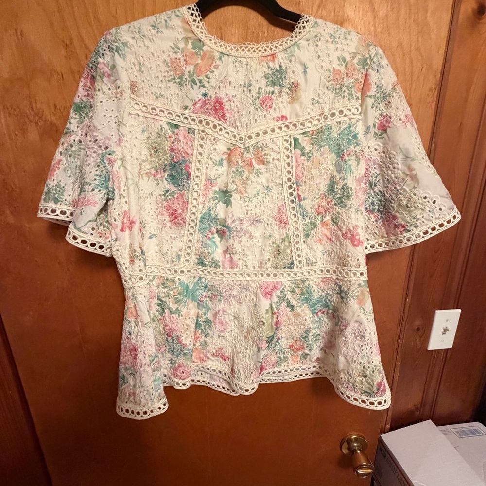 Cato Cream Peplum Blouse with Pastel Floral Print‎ and Lace Trim
